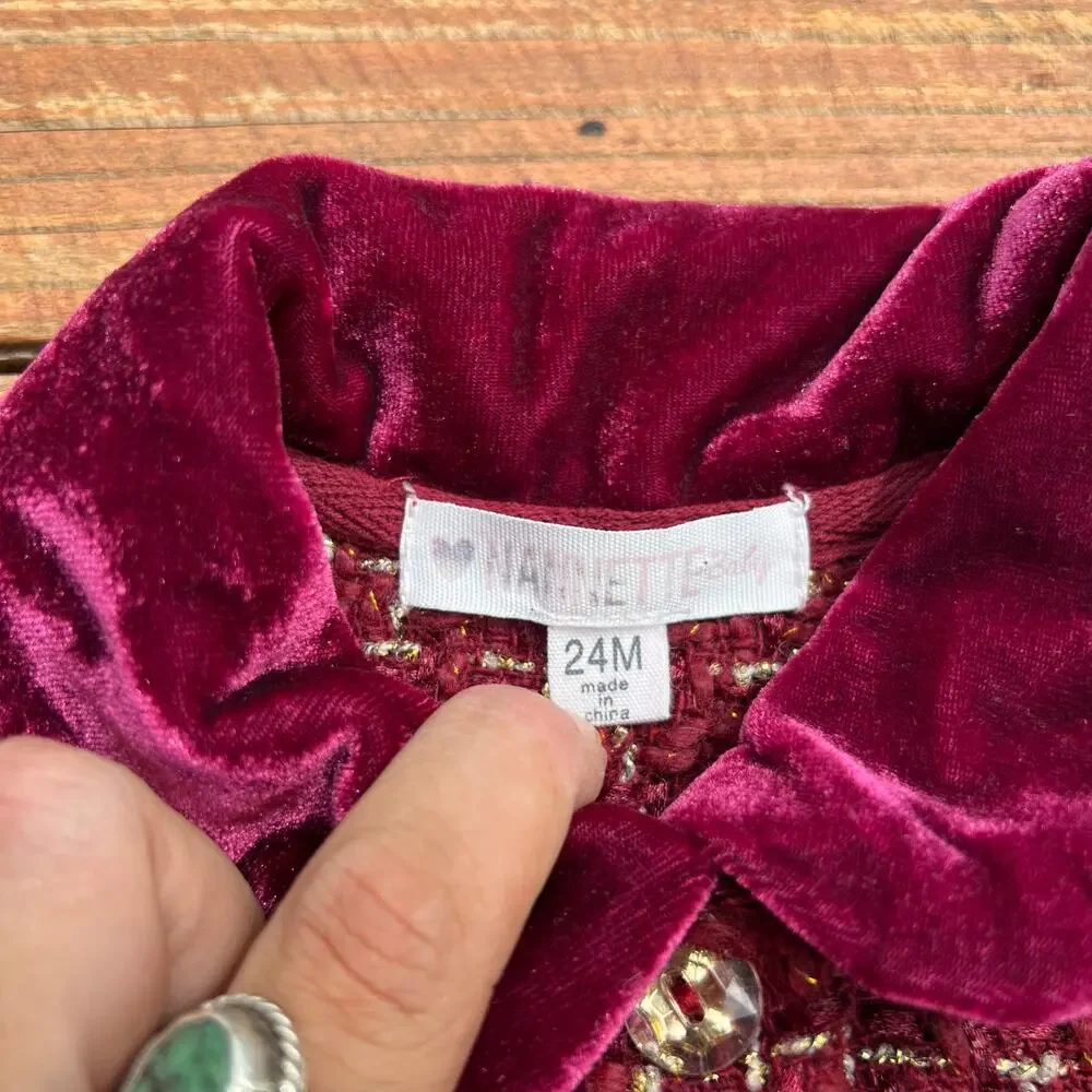Toddler Princess Dress Coat 24M Burgundy Tweed Velvet Bow Holiday Winter Coat